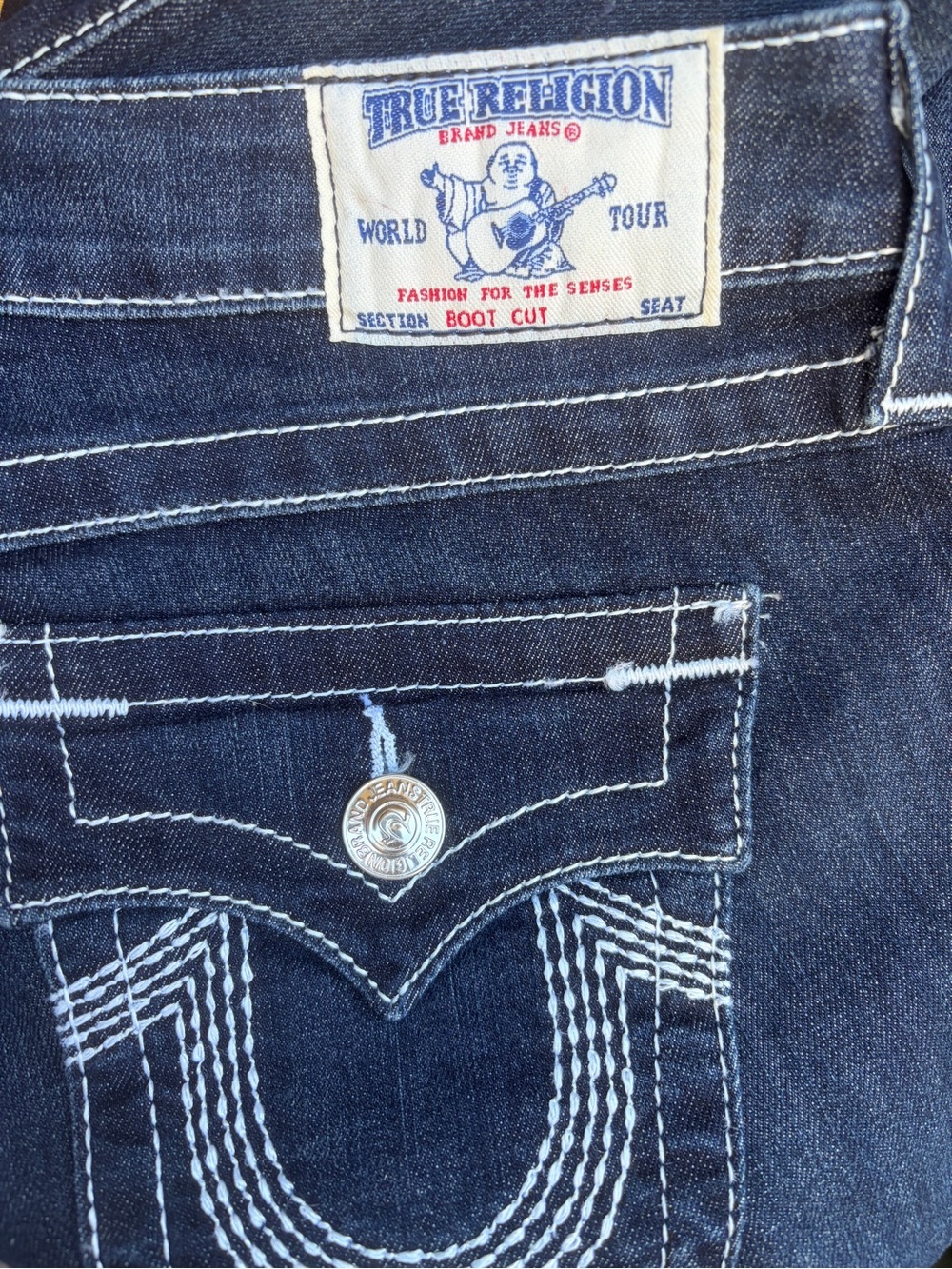 True Religion Dark Blue Boot Cut Jeans with White Stitching